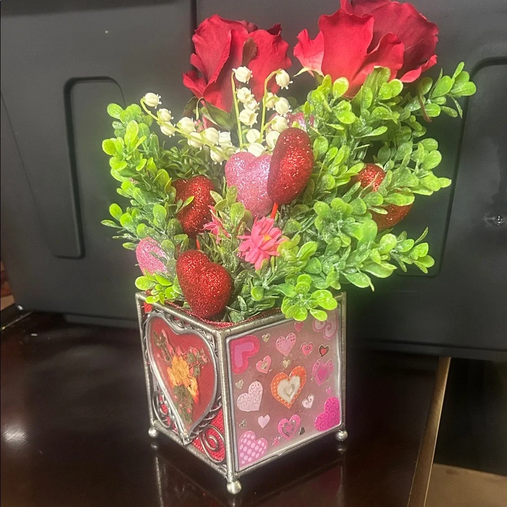 Heart-Themed Floral Arrangement with Red and Pink Accents homemade
